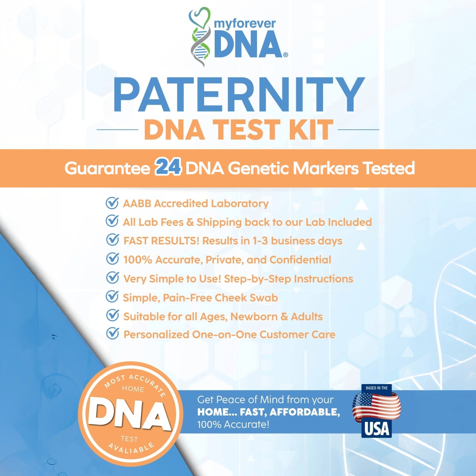 My Forever DNA at-home paternity DNA test kit image highlighting 24 DNA genetic markers, cheek swab collection, lab fees, shipping, and private home testing