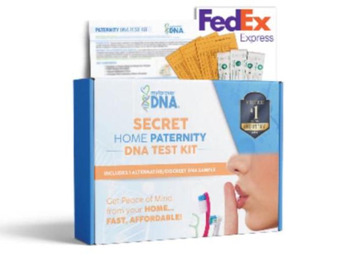 My Forever DNA Secret Home Paternity DNA Test Kit with a discreet design, "Voted #1 in the Industry" badge, alternative DNA sample tools (toothbrush/swabs), and FedEx Express shipping. Affordable, fast, and confidential solution for peace of mind.