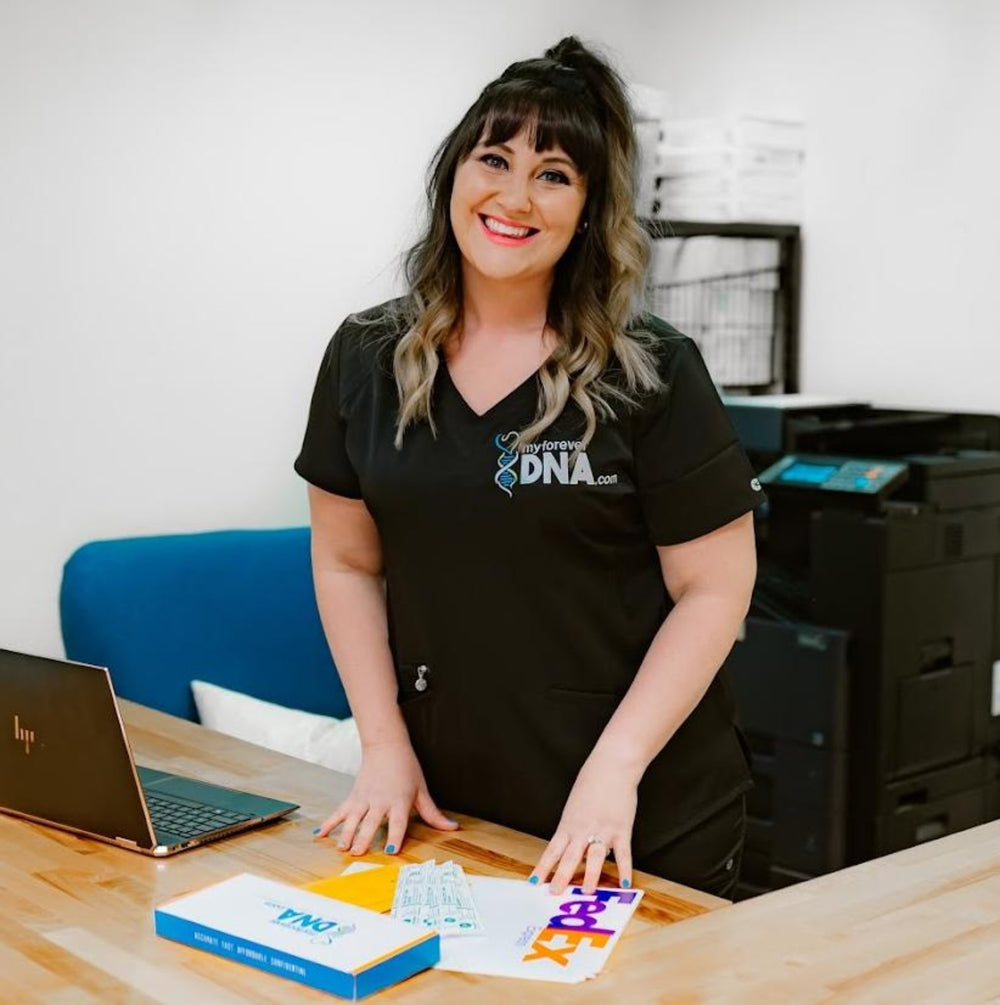 Friendly My Forever DNA specialist showcasing a DNA test kit, ensuring professional, accurate, and confidential DNA testing services for every client.