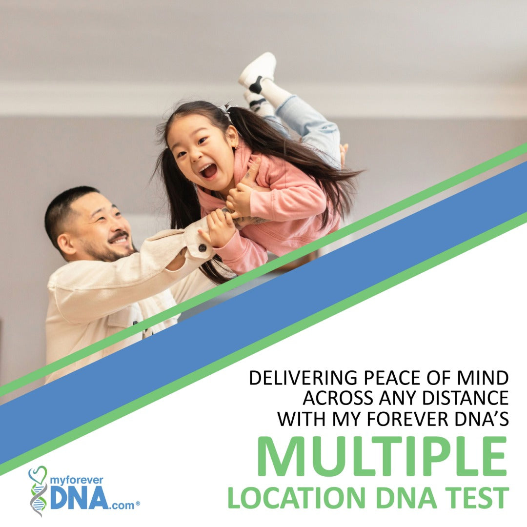 Father joyfully lifting his daughter in the air, symbolizing trust and connection, with overlaid text promoting My Forever DNA’s Multiple Location DNA Test - offering peace of mind across any distance. Ideal for families needing to collect DNA from individuals in separate cities or states.