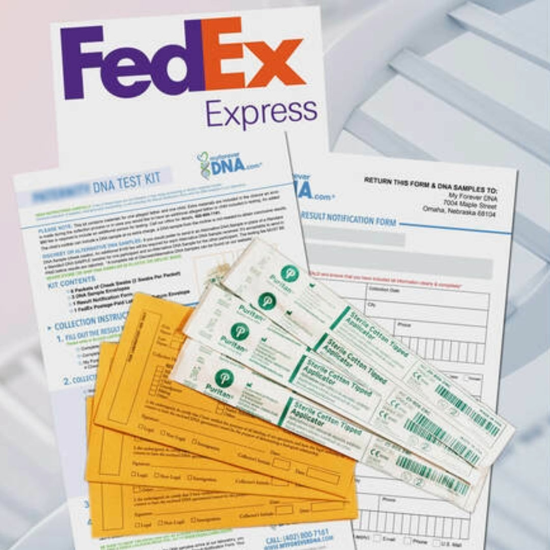 At home DNA test kit contents from My Forever DNA including sterile cotton swabs, result notification form, instructions, collection envelopes, and FedEx Express return materials for secure and confidential sample shipping.