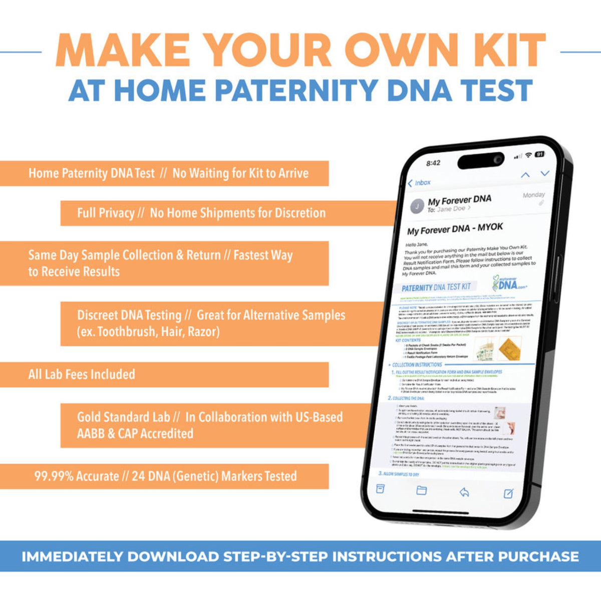Downloadable DIY At-Home Paternity DNA Test by My Forever DNA: Collect and return DNA samples same day. Accurate, private, fast results, discreet options, lab fees included, 24 markers tested