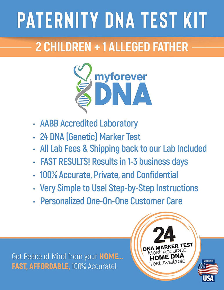 Paternity DNA test kit for 2 children and 1 alleged father from My Forever DNA with at-home cheek swab collection and private results.