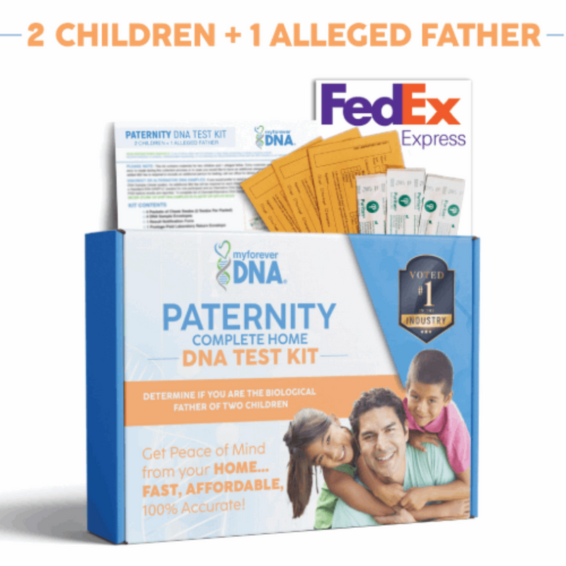 My Forever DNA Paternity Test Kit for 2 children and 1 alleged father: accurate, affordable, discreet testing with FedEx shipping and easy at-home use.