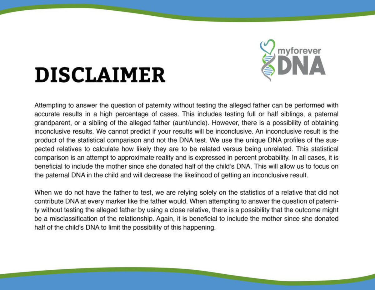 My Forever DNA disclaimer outlines the accuracy and considerations for alternative paternity testing, emphasizing statistical analysis and maternal involvement.