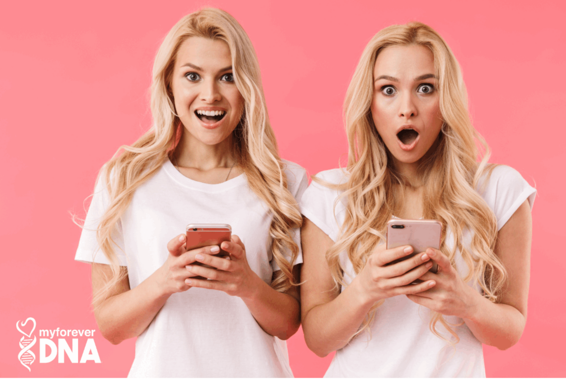 Excited twin sisters holding smartphones with shocked expressions, discovering their zygosity results with My Forever DNA's Twin Zygosity Genetic Testing in Omaha, NE.