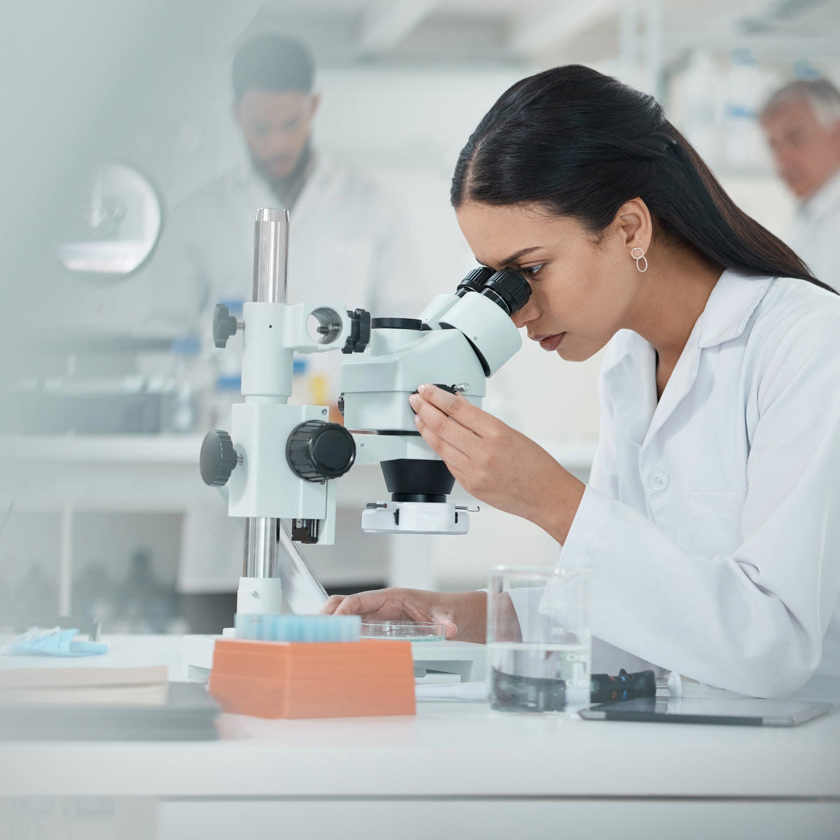 Lab technician in a white coat analyzing DNA samples under a microscope in a certified US laboratory, representing the precision and reliability of My Forever DNA’s legal and court admissible paternity testing services.