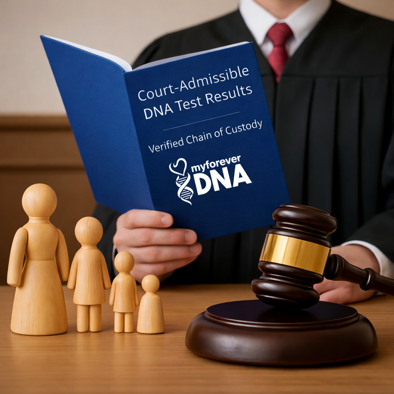 Professional image of court admissible DNA test results with verified chain of custody, featuring a judge reviewing documentation. Highlights legal DNA testing services in Omaha Nebraska by My Forever DNA, emphasizing accuracy, confidentiality, and compliance.