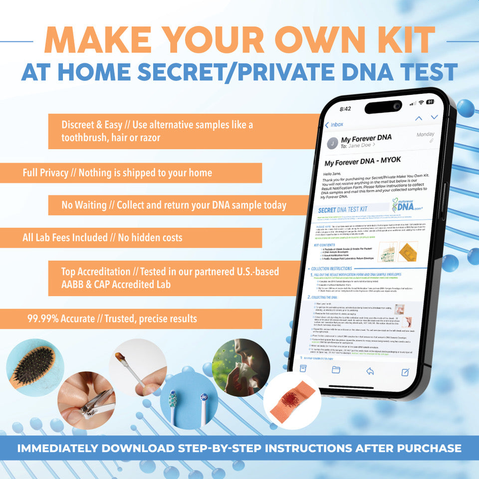 Make Your Own Secret/Private DNA Test Kit - discreet at-home DNA testing using alternative samples like toothbrush, hair, razor, or nail clippings. Instant download, no shipping, all lab fees included.