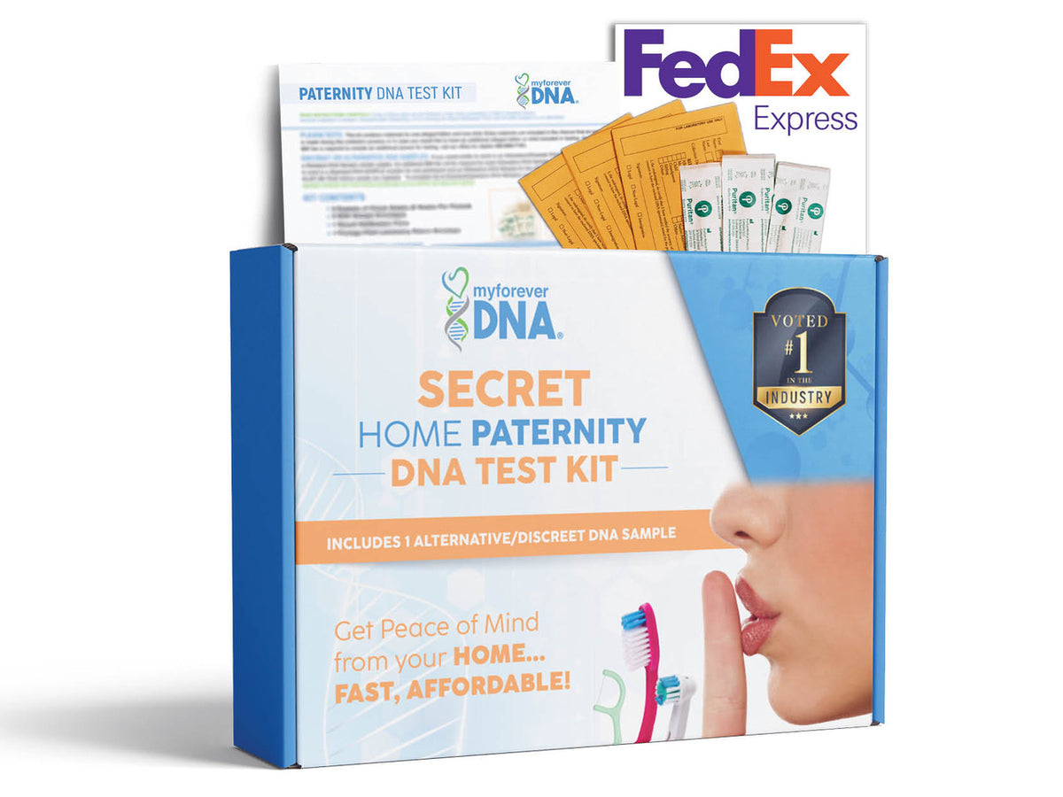 Secret Home Paternity DNA Test Kit packaging with FedEx Express branding.