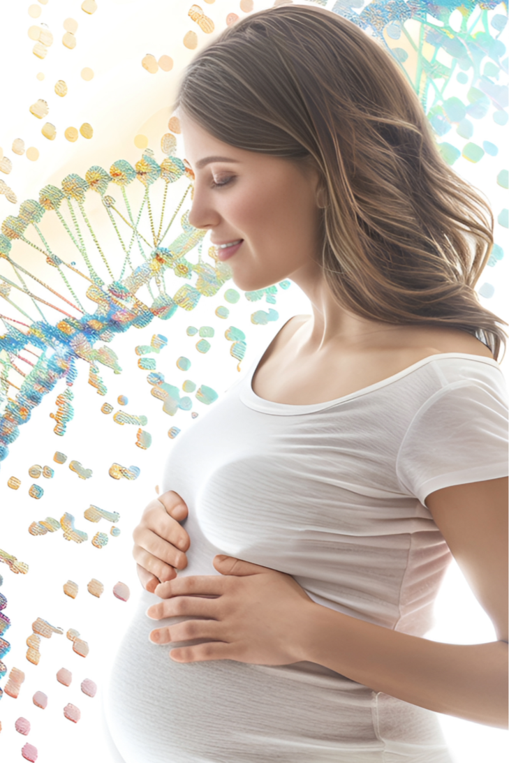 Smiling pregnant woman holding her belly with a DNA strand in the background, representing safe and accurate non-invasive prenatal paternity DNA testing by My Forever DNA.