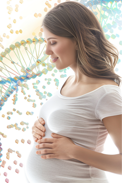 Smiling pregnant woman holding her belly with a DNA strand in the background, representing safe and accurate non-invasive prenatal paternity DNA testing by My Forever DNA.