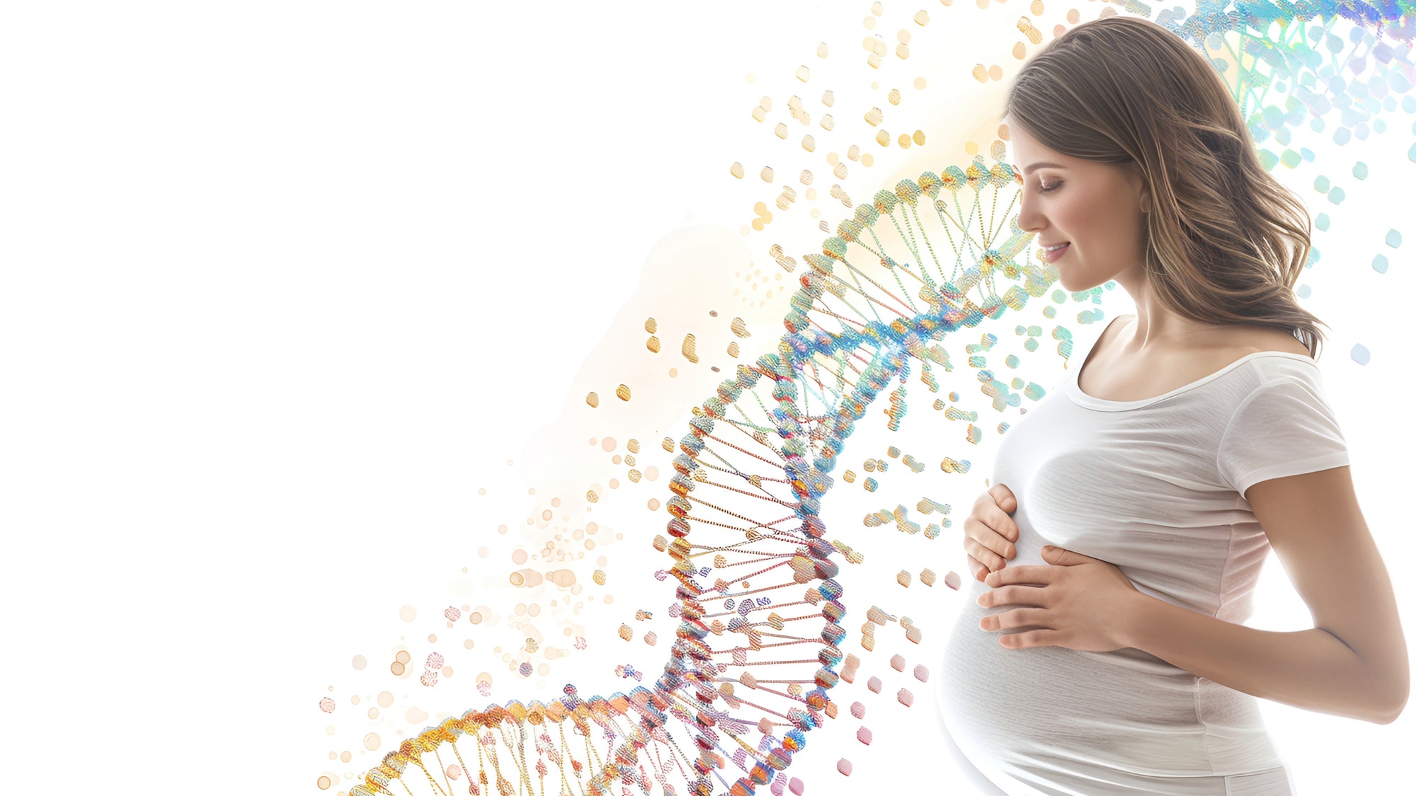 Pregnant woman with a DNA double helix in the background